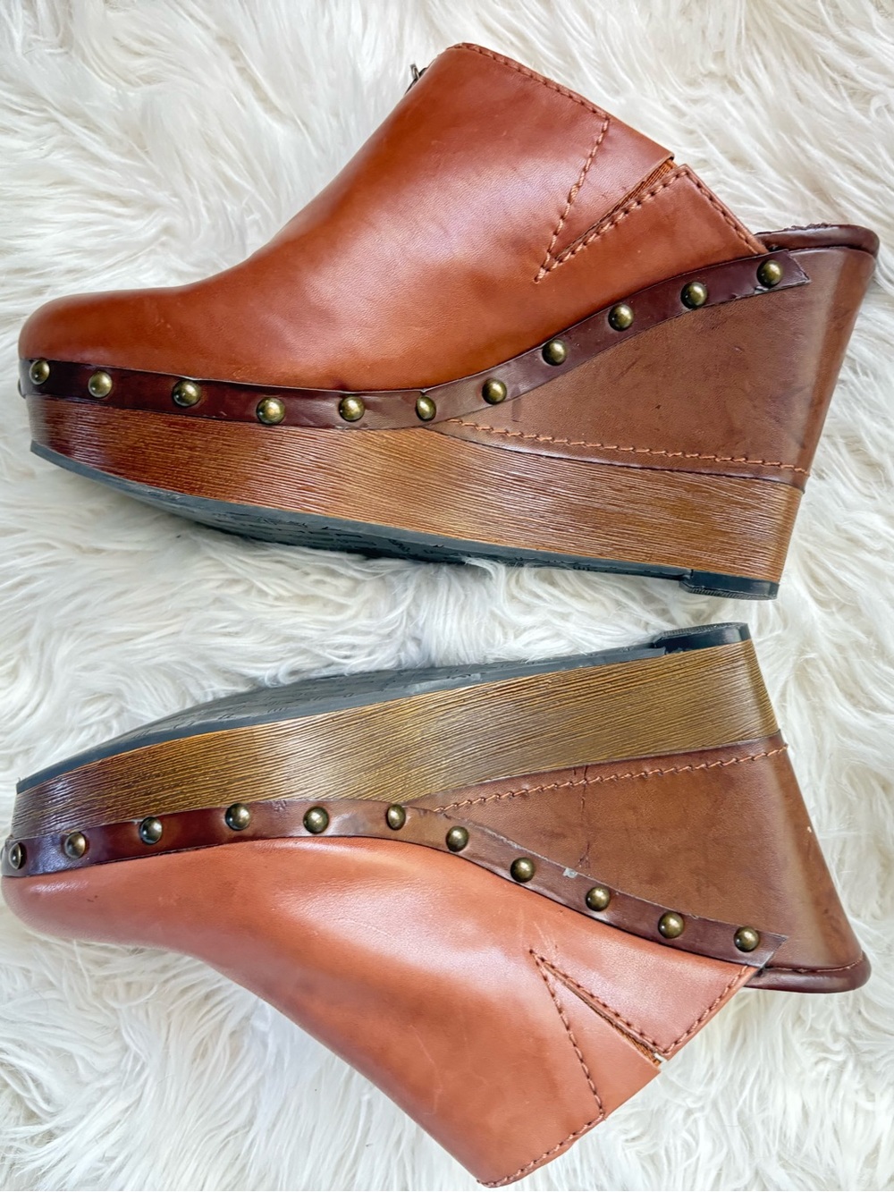 Women's Tan Leather Studded Wedge Mules